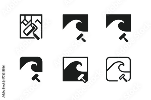 Creative Workspace Logos. Creative workspace with art on walls. Set Logo of Creative workspace with art on walls: paint roller creating a mural wave on wall.