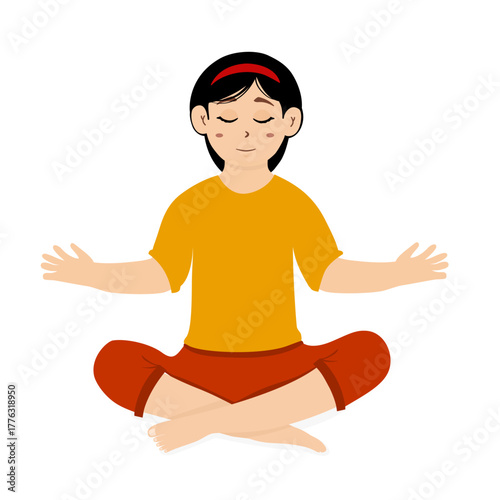 Relaxed woman meditating while sitting in a lotus yoga pose. Peaceful and calm people practicing relaxation meditation. Flat vector illustration with the concept of relaxation, concentration