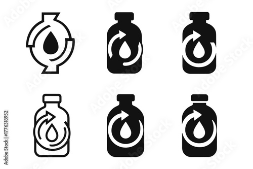 Water Bottle Refill Logos. Refilling a water bottle. Set Logo of Refilling a water bottle: refill symbol with arrow and droplet. Icon set. harmonious logo