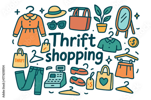 Thrift Shopping Essentials. Thrift shopping. Hand-drawn doodle illustration of Thrift shopping. Vintage