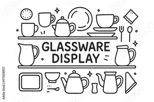 Glassware Doodle Art. Glassware Display. Hand-drawn doodle illustration of a set of colorful glassware or