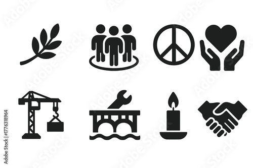 Peace Icons Collection. Peacebuilding efforts. Filled icon set of peacebuilding efforts: olive branch, group