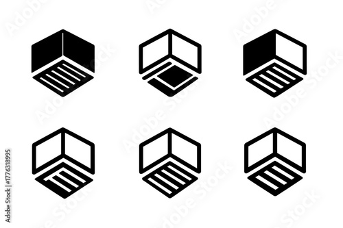 Rug Alignment Logos. Straightening a rug. Set Logo of straightening a rug: room corner with aligned rug. Icon set. harmonious logo variations of the same