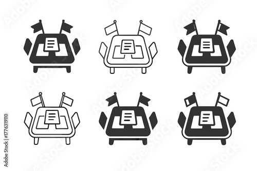 Tariff Negotiation Logos. tariff negotiations. Set Logo of tariff negotiations: meeting table with documents and flags. Icon set. harmonious logo variations of