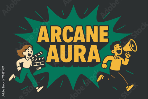 Joyful Arcane Explosion. Arcane aura banner, flat vector illustration, bold oversized text inside splash explosion, cartoon characters running and shouting