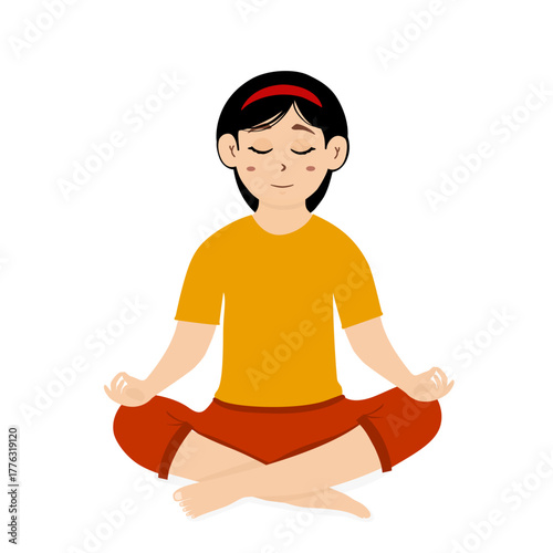 Relaxed woman meditating while sitting in a lotus yoga pose. Peaceful and calm people practicing relaxation meditation. Flat vector illustration with the concept of relaxation, concentration
