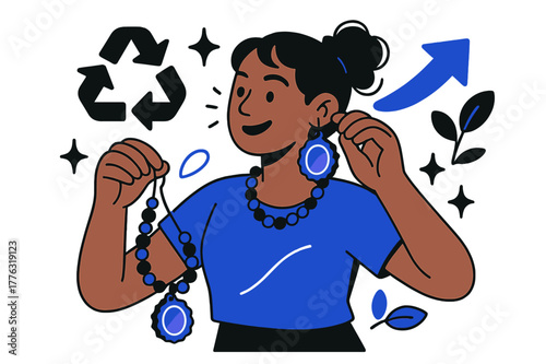 Upcycled Jewelry Art. Upcycling and creative reuse of materials. DIY jewelry made from bottle caps and old beads with abstract floating icons, arrows, and