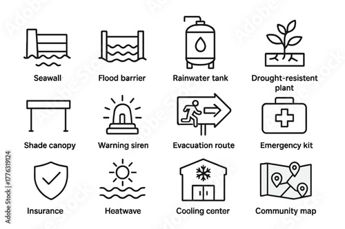 Adaptation Icon Set. Adaptation and resilience. Line icon set of adaptation and resilience: seawall, flood barrier, rainwater tank, drought-resistant plant,