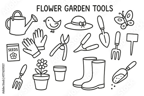 Garden Tool Doodles. Flower garden tools. Hand-drawn doodle illustration flower garden tools watering can, pruner, gloves, spade, trowel, flower pot, seed