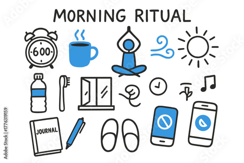 Morning Ritual Icons. // Morning ritual. Hand-drawn doodle illustration morning ritual [alarm clock, steaming mug (accented), yoga pose stick figure