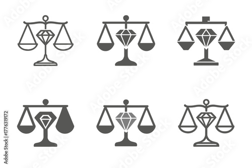 Ethical Jewelry Logos. Ethical jewelry design. Set Logo of Ethical jewelry design: gemstone in balanced scales. harmonious logo variations of the