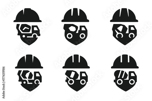 Concrete Truck Logos. Concrete truck drivers delivering materials to sites. Set Logo of driver hard hat with mini mixer emblem: Negative space, Stylized
