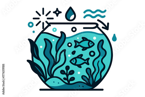 Glowing Aquatic Terrarium. Aquatic terrarium. A glowing glass container with stylized water plants, tiny fish,