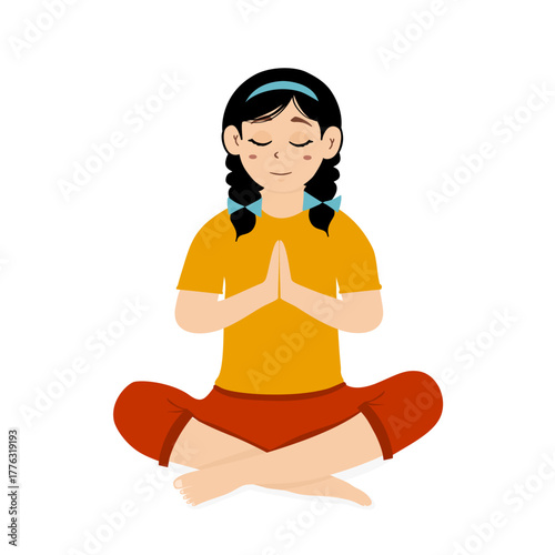 Relaxed woman meditating while sitting in a lotus yoga pose. Peaceful and calm people practicing relaxation meditation. Flat vector illustration with the concept of relaxation, concentration