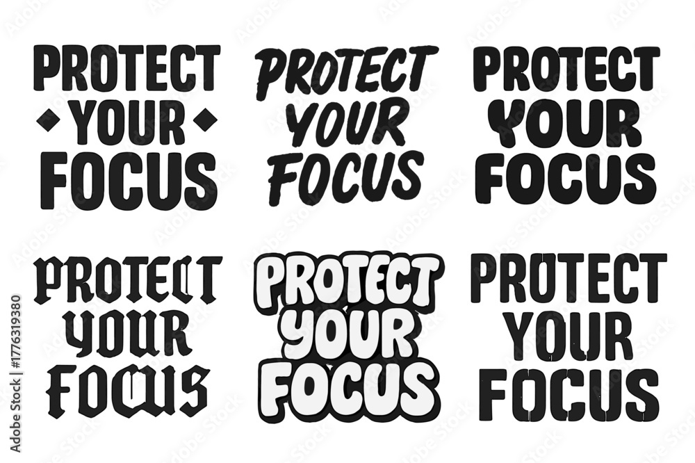 Obraz premium Harmonious Lettering Variations. Protect your focus. Set lettering. harmonious lettering variations of the same emblematic concept, each with different