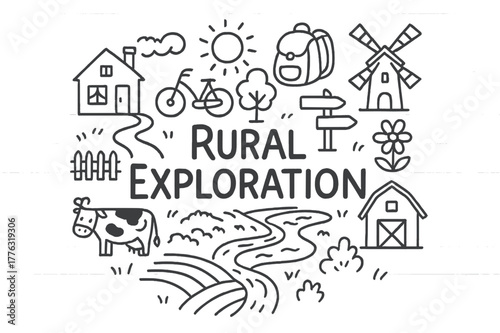 Rural Life Doodle. Rural Exploration. Hand-drawn doodle illustration of Rural Exploration. village house,