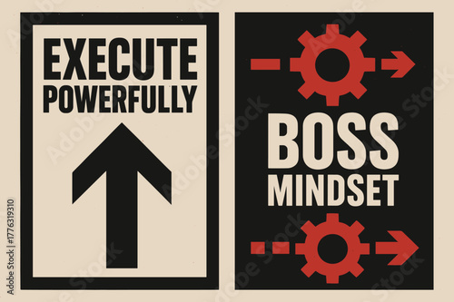 Brutalist Banner Design. Execute powerfully. Two vertical A6 banners with safe margins, centered composition, no elements touching edges, brutalist, black and