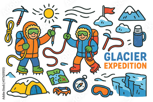 Glacier Expedition Adventure. Glacier expedition. Colorful Hand-drawn doodle Children illustration Glacier expedition climbers, rope, ice axe, crampons, frozen