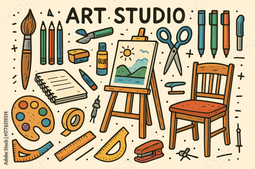 Vibrant Art Studio. Art Studio. Hand-drawn doodle illustration Art Studio, colored easel, accented paintbrush, colored palette, colored canvas, sketchbook,