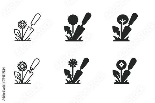 Pulling Weeds Logo Variations. Pulling weeds. Set Logo of Pulling weeds: hand trowel uprooting dandelion. Icon set. harmonious logo variations of the same