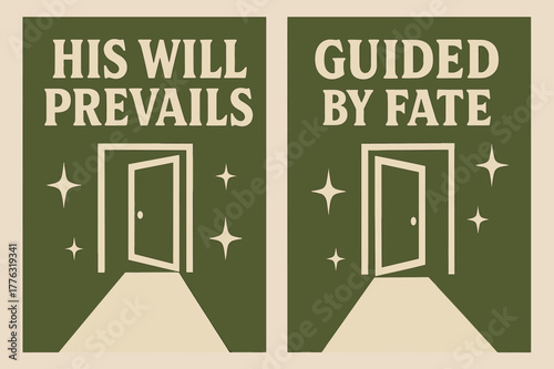 Retro Spiritual Messages. Destiny. Two vertical A6 banners with safe margins, centered composition, no elements touching edges, retro, olive green and cream,