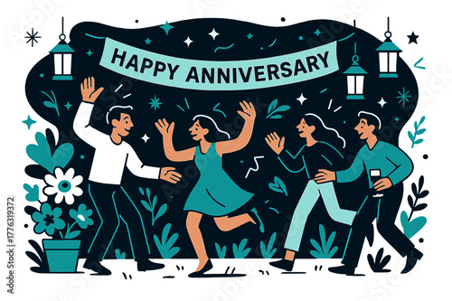 Anniversary Garden Celebration. Outdoor celebration. A garden setup with lanterns, floral arrangements, and a