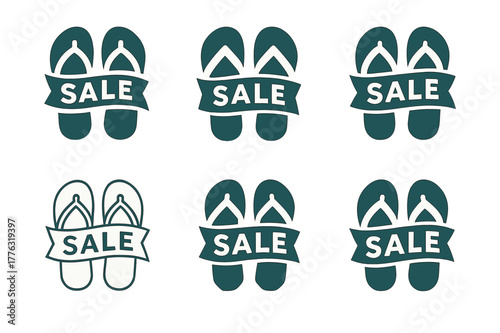 Summer Sale Icons. Summer sale. Icon set. Set Logo of summer sale: flip-flops with sale ribbon. harmonious logo variations of the same emblematic concept, each