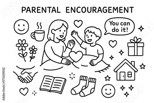 Parental Encouragement Doodle. Parental Encouragement. Hand-drawn doodle illustration Parental Encouragement mom cheering child, heart, blanket, cup of tea,