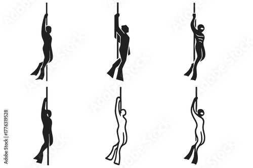 Freediving Logo Variations. Freediving. Set Logo of Freediving: diver along descent line. harmonious logo variations of the same emblematic concept, each with