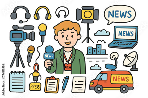 Colorful Press Doodle. press reporting. Colorful Hand-drawn doodle Children illustration press reporting reporter, camera, microphone, tripod, notebook, press