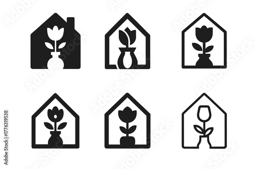 Home Staging Logos. Home staging for selling. Set Logo of home staging for selling: fresh flowers and decor details. Icon set. harmonious logo variations of