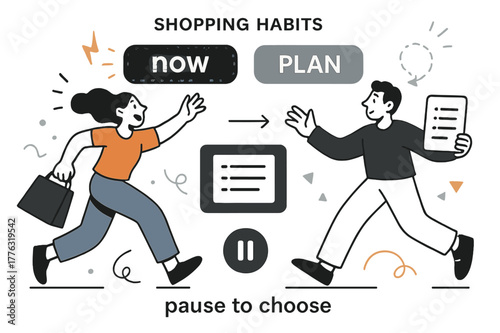 Impulse vs Intent. Shopping Habits ? Impulse vs Intent. Two buttons hover: ?now? flickers and ?plan? glows steady; a list icon anchors the scene. Caption