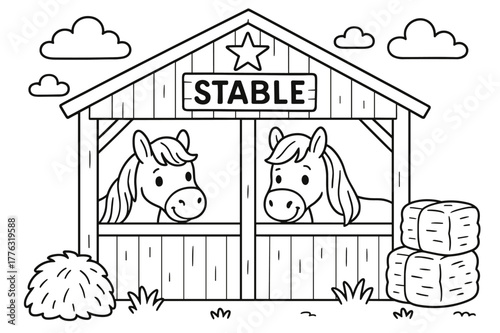 Children's Horse Stable. Horse stable in the West children?s coloring book illustration, outlined drawing, small stable with friendly horses and hay bales,