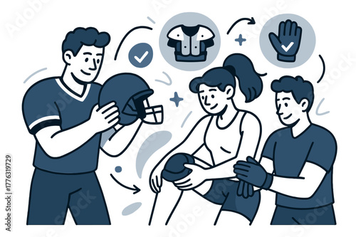 Gear Check Safety. Sports equipment safety and injury prevention. Athletes checking gear before training;