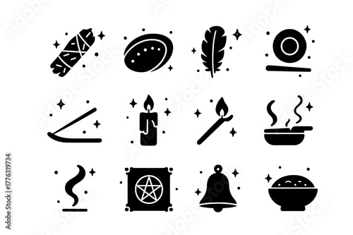Sage Ritual Icons. Sage smudging and rituals. Solid icons set of Sage smudging and rituals: smudge stick, abalone shell, feather fan, charcoal disk, incense
