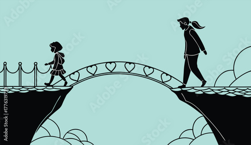 Family bridge with love heart design vector illustration