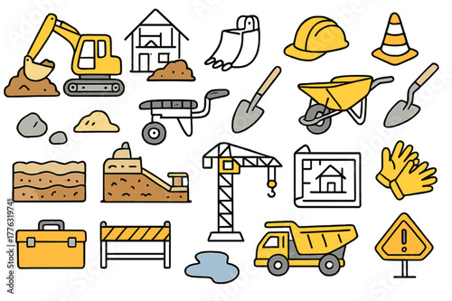 Colorful Construction Doodles. Construction equipment. Hand-drawn doodle illustration excavator (colored), dirt pile (colored), construction site (colored),