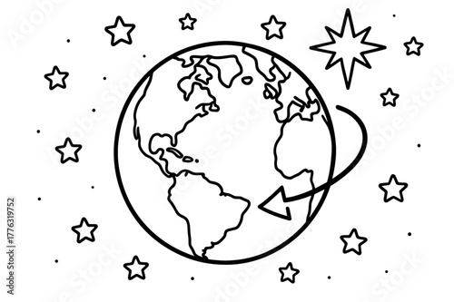 Earth's Rotation Coloring. Stars and Earth?s rotation children?s coloring book illustration, outlined drawing, a globe showing a curved arrow of rotation with