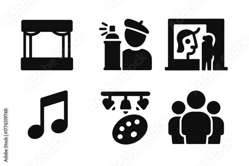 City Art Icons. City art festival. Filled icon set of city art festival: stage, spray can, artist, mural wall,