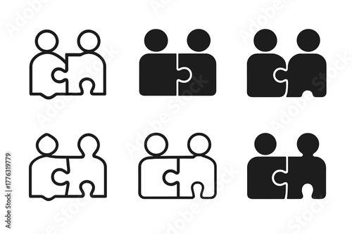 Coaching Puzzle Logos. Conflict resolution in coaching. Set Logo of Conflict resolution in coaching: puzzle pieces fitting together. Icon set. harmonious logo