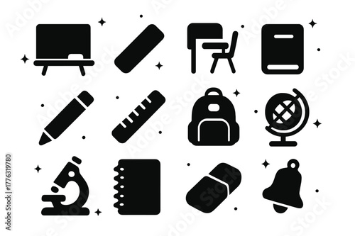 Classroom Icon Set. Face-to-face learning and classrooms. Solid icons set of Face-to-face learning and classrooms: chalkboard, chalk, desk, textbook, pencil,