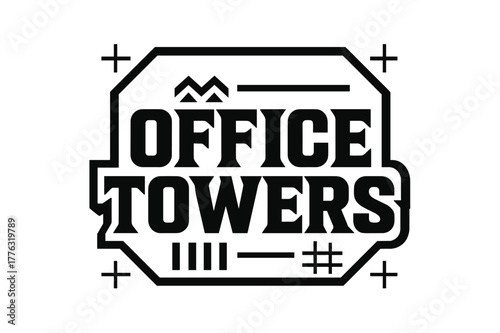 Bold Geometric Typography. Office Towers ? bold block geometric lettering; thick massy letters with geometric serifs, heavy outer outline, strong cast shadow;