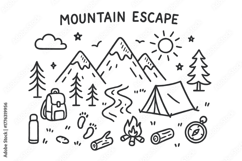 Fototapeta premium Mountain Adventure Sketch. Mountain escape. Hand-drawn doodle illustration mountain escape peaks, tent, campfire, stream, pine trees, backpack, compass, sun,