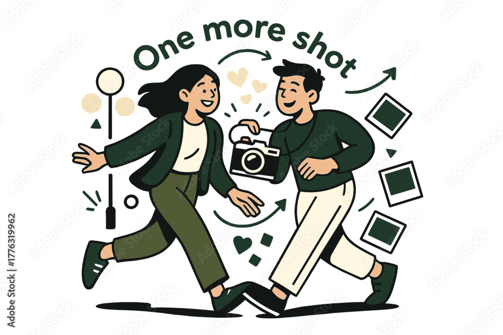 Retro Camera Walk. Film camera stroll. A retro camera hangs between them as streetlights blur into bokeh hearts; frames float like stepping stones. ?One more