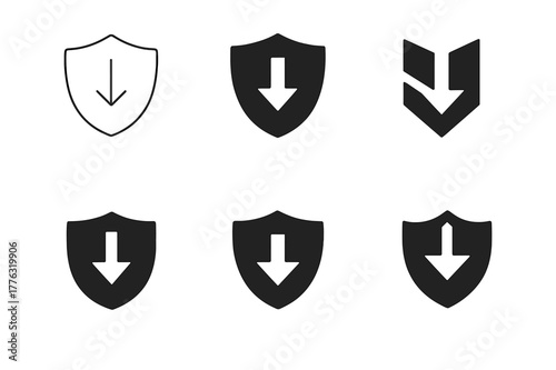 Risk Logo Variations. Risk of loss. Set Logo of Risk of loss: broken shield with downward arrow. harmonious logo variations of the same emblematic concept,