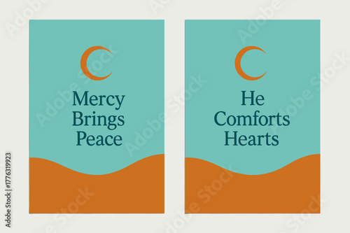 Mercy and Comfort Banners. Mercy & Calm. Two vertical A6 banners with safe margins, centered composition, no elements touching edges, minimal, turquoise and