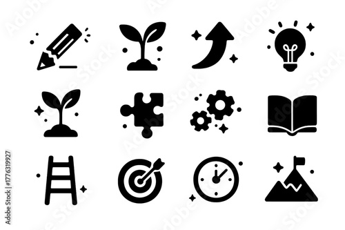 Progress Through Icons. Progress through Failure. Solid icons set of Progress through Failure: broken pencil, plant sprout, upward arrow, light bulb, seedling,