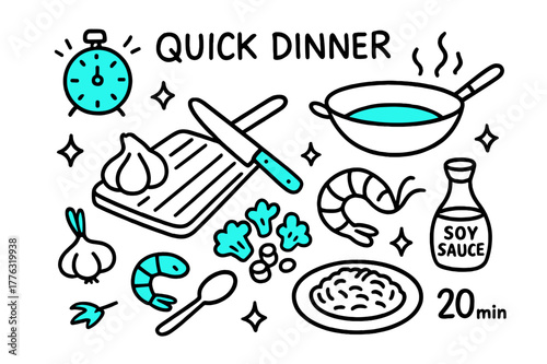 Quick Dinner Doodle. // Quick dinner. Hand-drawn doodle illustration Quick dinner [timer (accented), wok (accented), cutting board, knife (accented), garlic,