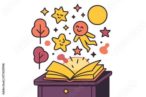 Whimsical Night Tales. Dream Stories. A glowing open book on a nightstand releases floating illustrations of