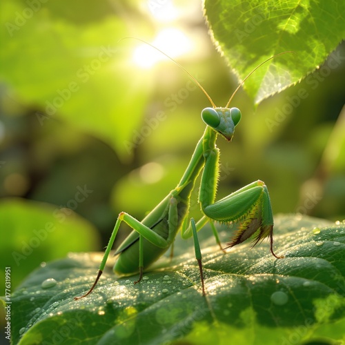 praying mantis on green background